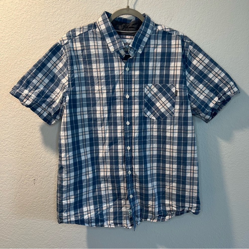 Men’s Hurley blue plaid button down short sleeve casual shirt size large L